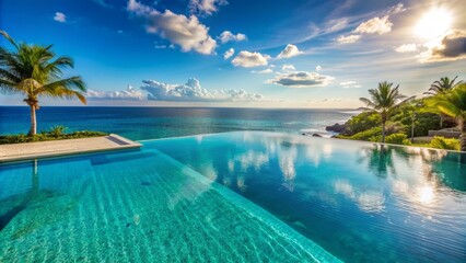 Obraz premium Serenene coastal resort scene featuring a tranquil infinity pool overlooking a calm turquoise ocean with ample copy space and background.