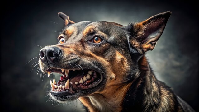 Fierce aggressive canine with razor-sharp teeth exposed in a menacing snarl, isolated on a dark muted background with ominous shadows.