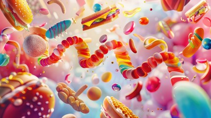 Abstract representation of DNA helix intertwined with junk food, symbolizing the FTO gene's effect on obesity, bright colors, Modern, Illustration