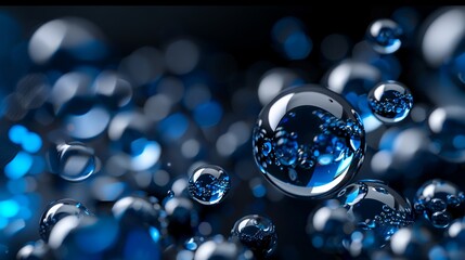 Abstract background with blue and silver spheres on black, 3D rendering illustration of balls and glassy liquid, macro view, cinema4D render, closeup view, bokeh effect, low angle shot, dark black bac