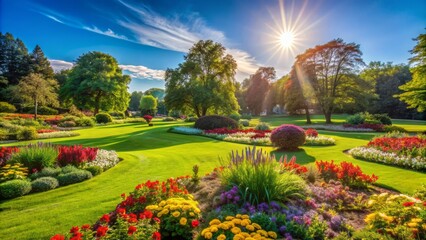 Fototapeta premium Serenene atmosphere of a tranquil park with lush green grass and vibrant flowers under a clear blue sky with warm sunlight.