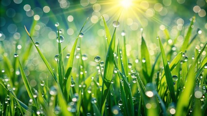 Fototapeta premium Vibrant green blades of fresh grass sparkle with tiny glistening water droplets, creating a serene and peaceful natural landscape atmosphere.