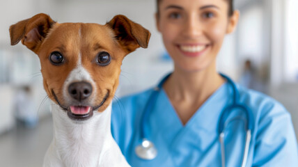Close-up of a happy dog with a smiling veterinarian in the background, highlighting a caring and professional pet healthcare environment.
