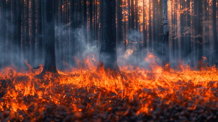 burning fire in the forest with smoke
