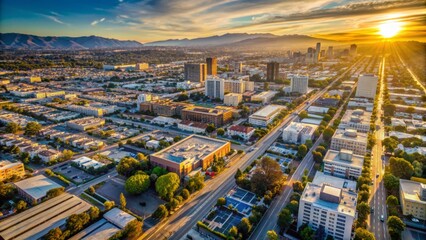 Aerial vista of sun-kissed Culver City landscape in Los Angeles, California, showcasing vast sprawling metropolis and urban infrastructure.