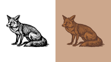 Classic engraving style 2-color vector illustration of a gray fox