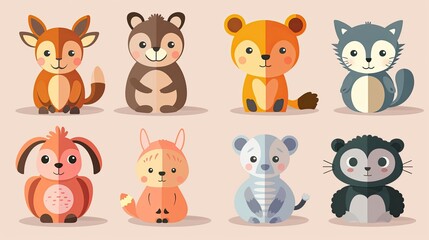 Fototapeta premium Cute animal characters with simple, rounded features, ideal for children's products.