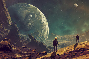 Space travelers discovering a new world 