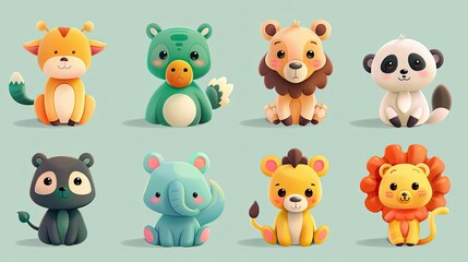 Cute animal characters with simple, rounded features, ideal for children's products.