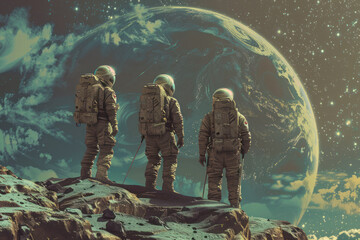 Space travelers discovering a new world 