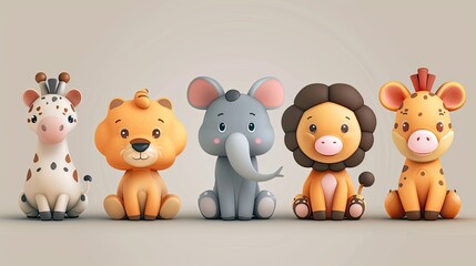 Naklejka premium Cute animal characters with simple, rounded features, ideal for children's products.