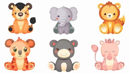 Cute animal characters with simple, rounded features, ideal for children's products.