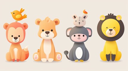 Naklejka premium Cute animal characters with simple, rounded features, ideal for children's products.