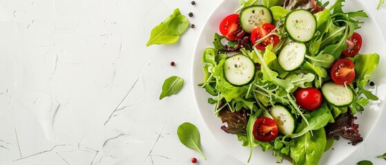 Fresh salad with vibrant greens, cherry tomatoes, cucumber slices, and avocado on a white plate, ample copy space on the right, bright and clean, Photography