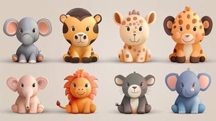 Cute animal characters with simple, rounded features, ideal for children's products.