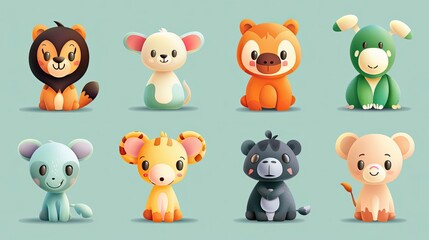 Fototapeta premium Cute animal characters with simple, rounded features, ideal for children's products.