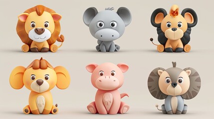 Fototapeta premium Cute animal characters with simple, rounded features, ideal for children's products.