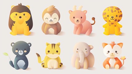 Fototapeta premium Cute animal characters with simple, rounded features, ideal for children's products.