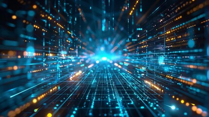 Naklejka premium A hightech digital environment featuring a grid of glowing blue lines and nodes The scene is dynamic with light streaks and a bright central axis