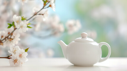 White Teapot with Blossoming Branch in Soft, Spring Setting
