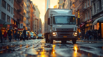 Urban Delivery Truck in City Street - Generative AI