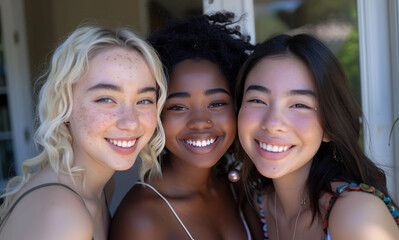 Fototapeta premium A tapestry of smiles: Multiethnic trio of young women pose cheerfully in summer fashion, creating an Instagram moment at their naturally lit residence
