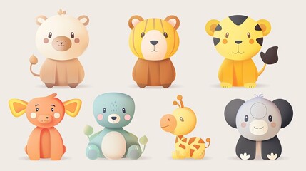 Cute animal characters with simple, rounded features, ideal for children's products.