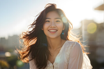 A woman with long brown hair is smiling and wearing a white shirt