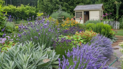 A charming garden with a variety of flowering herbs, such as lavender, sage, and thyme, with a small garden shed in the background.