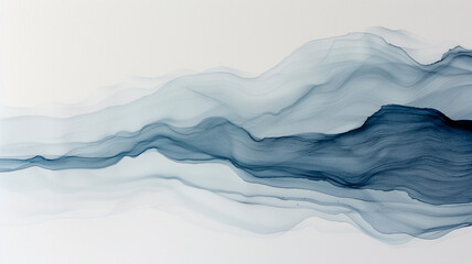 Abstract artwork featuring fluid blue ink waves on a white background, creating a serene and flowing visual effect.
