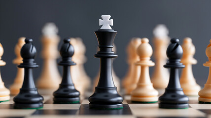 Close-up of black and white chess pieces on a chessboard, focusing on the king piece in a strategic game setup.
