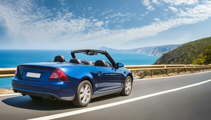 Naklejka premium Coastal Cruising: Blue Convertible Soars Along Scenic Ocean Highway