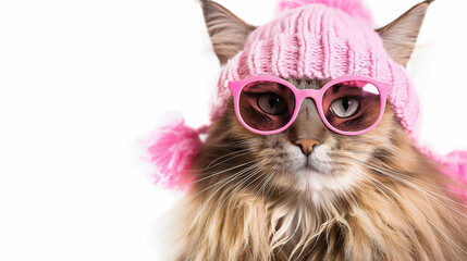 Obraz premium A beautiful fluffy cat wearing pink sunglasses and hat on a white background. The photo has a high definition photography style showing the full body of the cute mainecoon with long hair