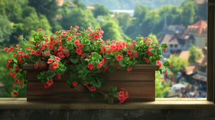 Obraz premium A charming window box garden filled with vibrant geraniums, overlooking a bustling garden below.