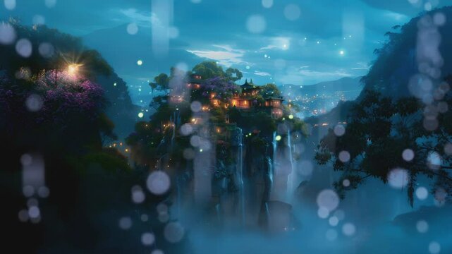 Fantasy mansion built on top of an ancient with waterfalls, mystical mountain. Fairytale world infinite loop animation