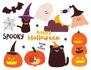 hand drawing cartoon halloween sticker set. cute sticker for halloween vibes, doodle set