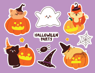 hand drawing cartoon halloween sticker set. cute sticker for halloween vibes, doodle set