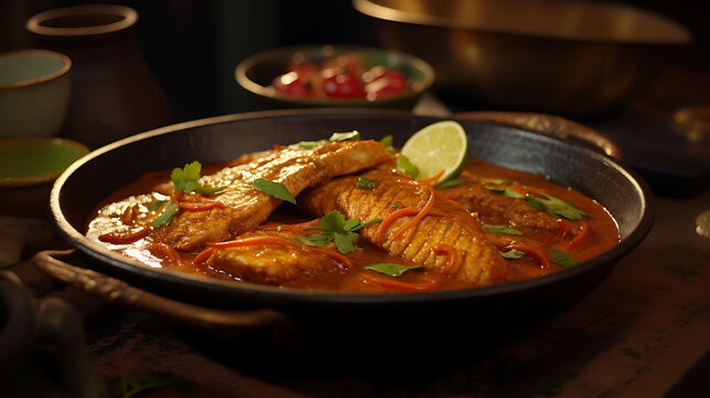 Experience the taste of tradition with a mouthwatering serving of fish curry, featuring succulent fish fillets bathed in a luscious sauce, expertly photographed to showcase its irresistible appeal