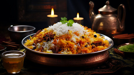 Indulge in the rich flavors and exquisite presentation of a meticulously prepared biryani dish, featuring layers of aromatic rice, succulent meat, and fragrant spices, all captured in glorious detail
