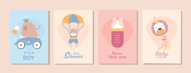 Set of baby shower invitations cards,poster,greeting,template,bear,Vector illustrations.