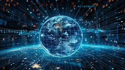 A cybernetic depiction of the Earth with a blue grid overlay