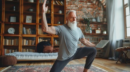Fototapeta premium Handsome senior athlete doing stretches and practicing yoga to maintain balance at home using online lessons in notebook. How to stay healthy following the quarantine concept.