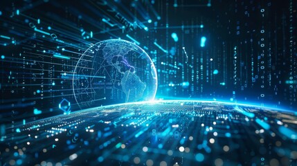Obraz premium A digital visualization of the Earth with a glowing blue grid overlay
