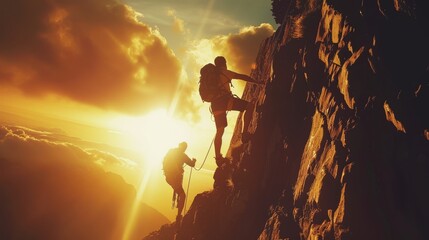 Obraz premium Silhouette of a hiker climbing a cliff And one of them offered to help. Helping people and teamwork concept