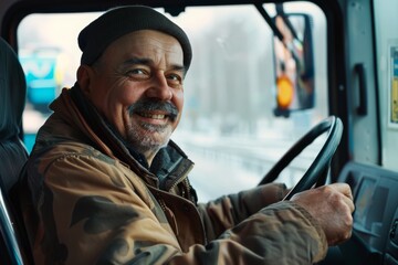 Obraz premium Happy bus driver behind steering wheel looking at camera