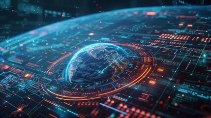 Fototapeta premium A futuristic interface featuring a glowing blue Earth with grid lines