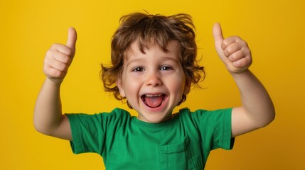 The cheerful child thumbs up
