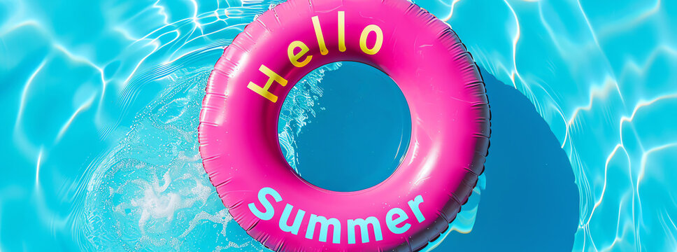 "Hello Summer" text and swimming pool with inflatable ring, AI generated