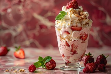 A serving of Eton mess, with crushed meringues, whipped cream, and fresh strawberries, arranged in a glass. 