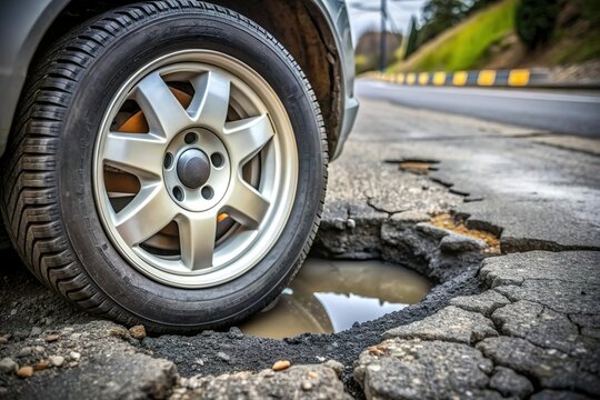 car wheel stuck in pothole on street